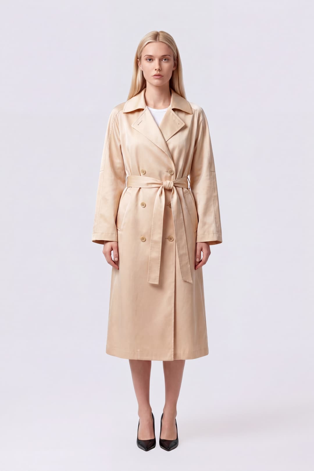 Double-Breasted Satin Midi Trench Coat